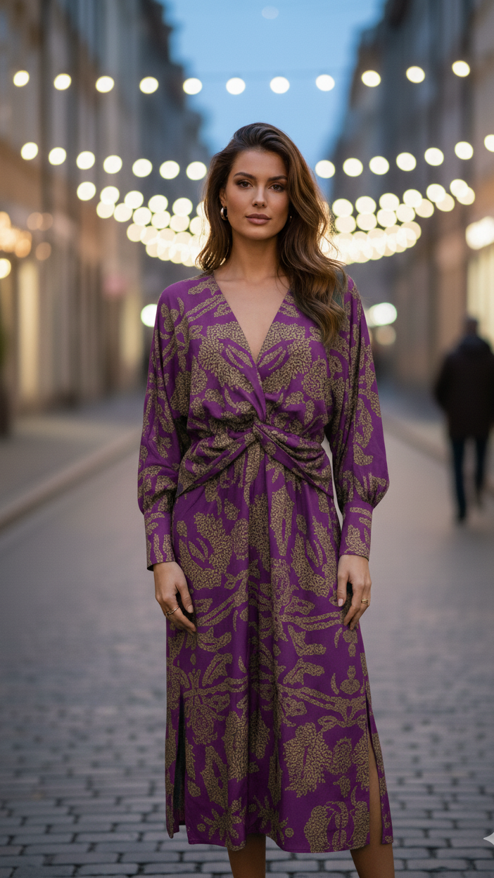 Elegant Print V-Neck Midi Dress