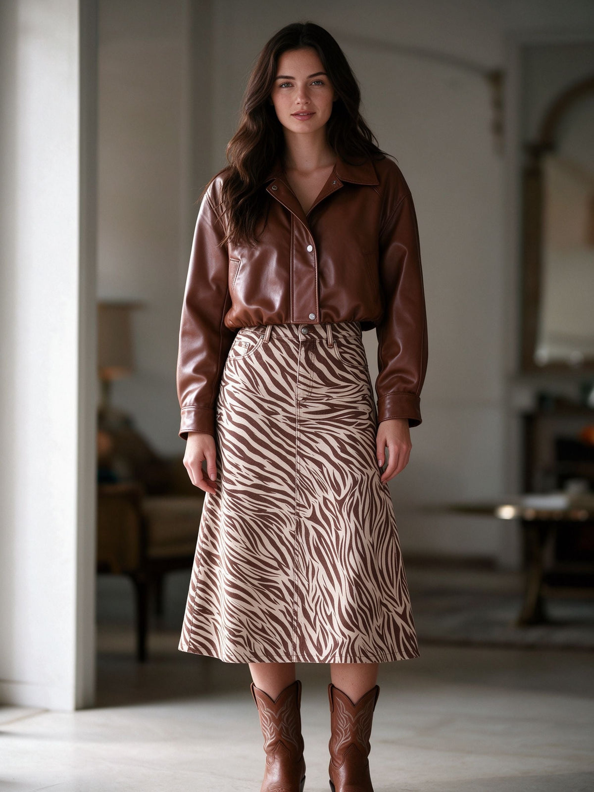 Zebra Ankle-Length Denim Skirt