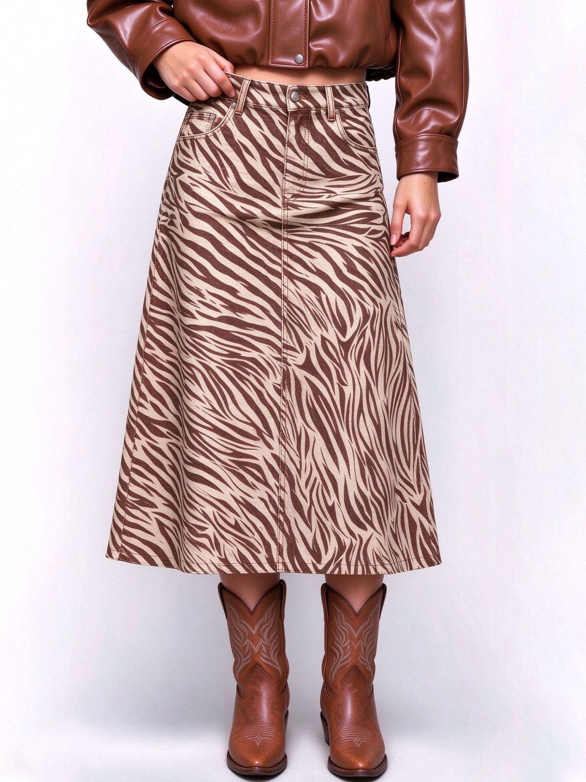 Zebra Ankle-Length Denim Skirt